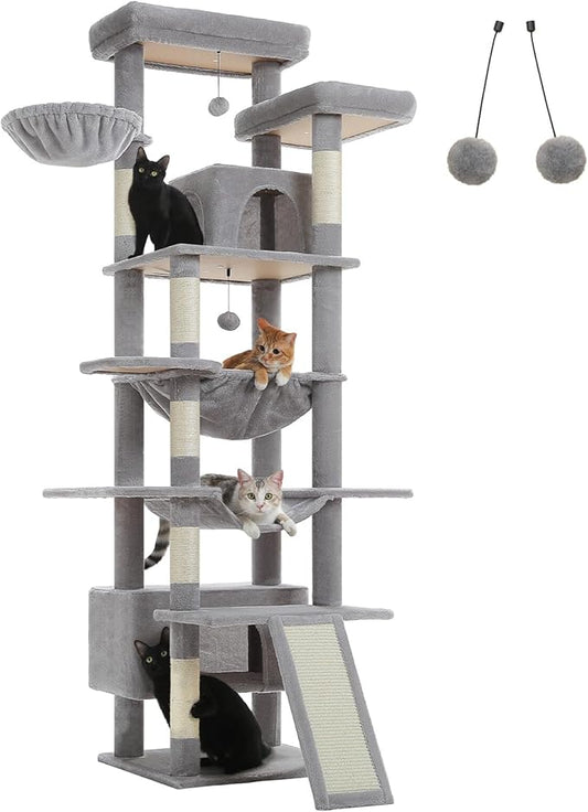 81 Inches Tall Cat Tree for Indoor Cats Large Adult - Multi-Level Cat Tower with Large Metal Frame Hammock, 2-in-1 Scratching Ramp, 2 Top Perches, 2 Cozy Condos & 6 Scratching Posts - Grey
