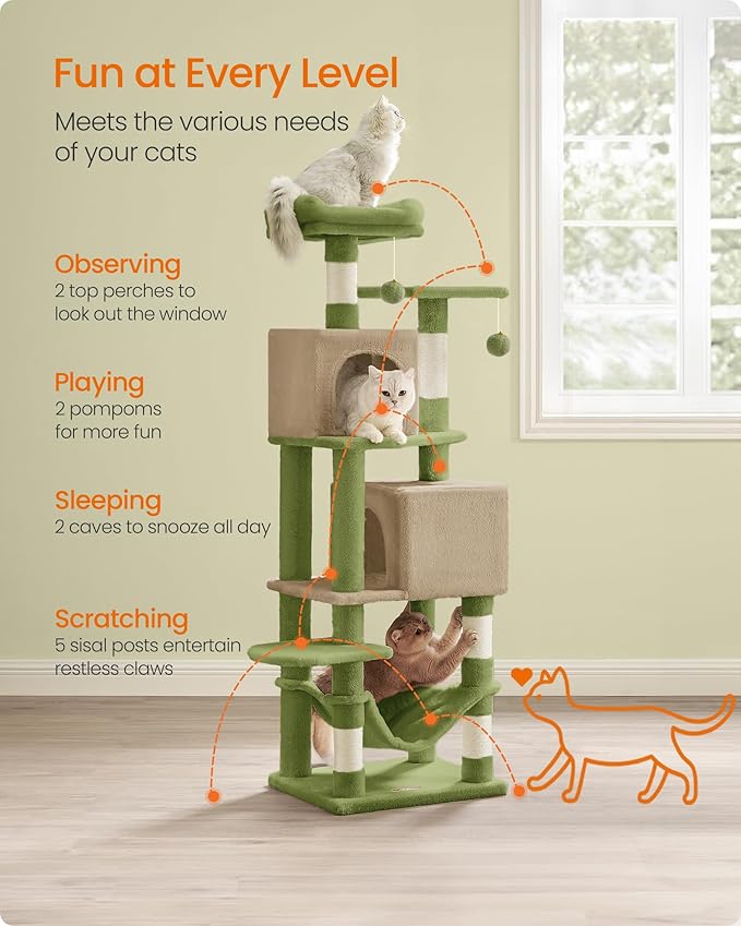 Feandrea Cat Tree, 61-Inch Cat Tower for Indoor Cats, Plush Multi-Level Cat Condo with 5 Scratching Posts, 2 Perches, 2 Caves, Hammock, 2 Pompoms, Grass Green and Camel Brown UPCT192C03