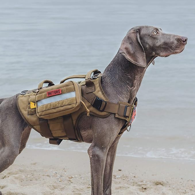 OneTigris Large Tactical Dog Harness, No Pulling Adjustable Dog Vest Harness, Heavy Duty Dog Harness with Handle, Large Hook and Loop Panels for Patch Brown