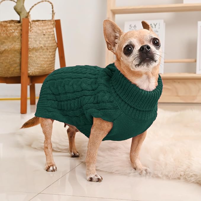 2 Pack Dog Sweaters for Small Dogs Turtleneck Pullover Cable Knit Puppy Stretch Clothes Chihuahua Yorkie Pomeranian Toy Poodle Boy Girl Pets Winter Doggie Clothes (XS, Green & Brown)