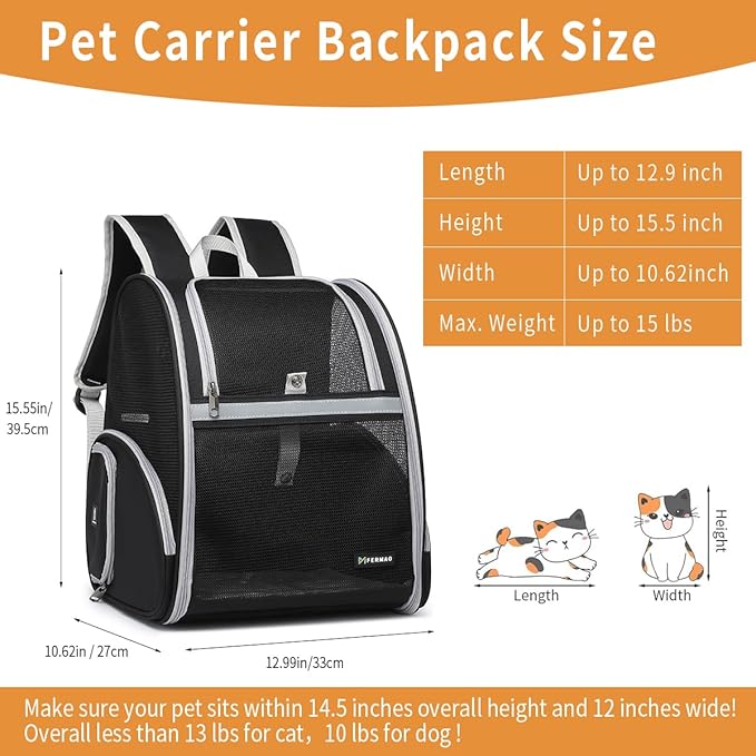Cat Backpack Carrier Pet Backpack Carrier for Small Dogs and Medium cat Puppy Kitten Bunny up to 15lbs, Cat Carrying Backpack Collapsible with Fully Ventilated Mesh with Safety Leash (Black)