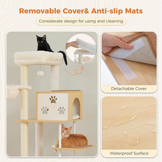 PAWZ Road Large Cat Tree with Food Station, 74.8 Inches Wooden Tall Cat Tower with Extra Large Condos and Hammocks,Spacious Perch,Sisal and Steel Posts, Scratching Mat for Indoor Adult Cats-Biege