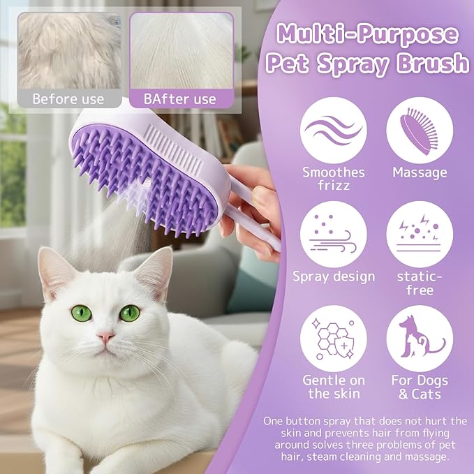2-Pack Cat Steam Brush for Shedding, Rechargeable 4-in-1 Multifunctional Grooming Tool for Cats & Dogs - Deshedding, Cleaning, Massage & Detangling,2-Pack Pet Finger Toothbrush (Orange, Purple)