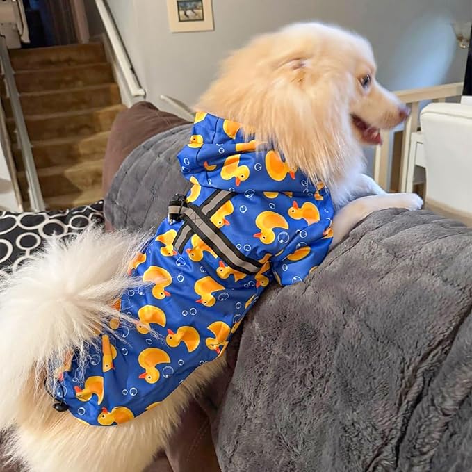 BEAUTYZOO Dog Raincoat Hooded with Harness Built-in for Small Medium Large Dogs Girls Boys, Dog Rain Jacket Slicker Poncho,Waterproof Dog Rain Coat Clothes for Winter Rainy Snowy Days, Yellow Duck, L
