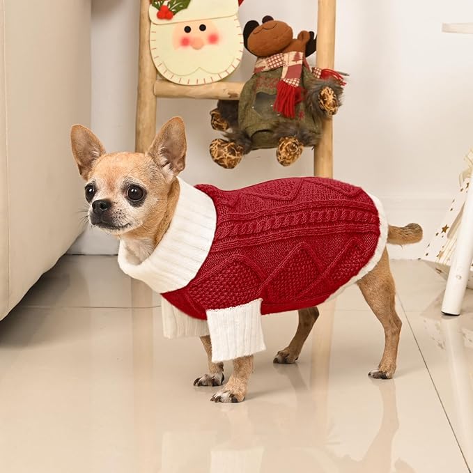Dog Sweater for Small Dogs Argyle Cable Knit Turtleneck Pullover Winter Clothes Boys Girls Stretch Puppy Doggie Chihuahua Yorkie Pomeranian Toy Poodle Pet (XS, Red)