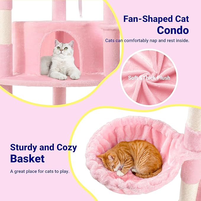Allewie 73in Fan-Shaped Space-Saving Corner Cat Tower/Multi-Level Tall Cat Tree for Indoor Kitties/Cozy Baskets/Condos/House/Perches/Sisal Scratching Posts/Pet Activity Center/Pink