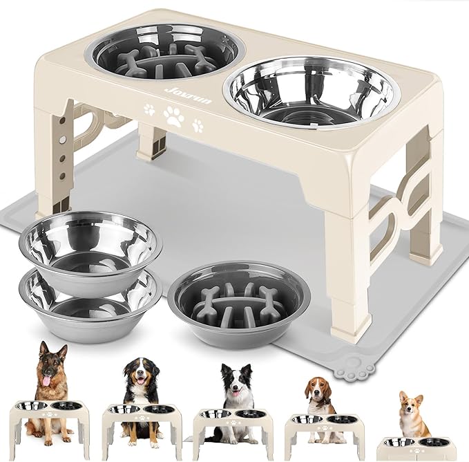 Elevated Dog Bowls, Dog Feeder with 2 Stainless Steel Dishes &1 Slow Feeder Bowl, 5 Heights Adjustable Raised Stand for Medium Large, Food Dishes with Non-Slip Feet