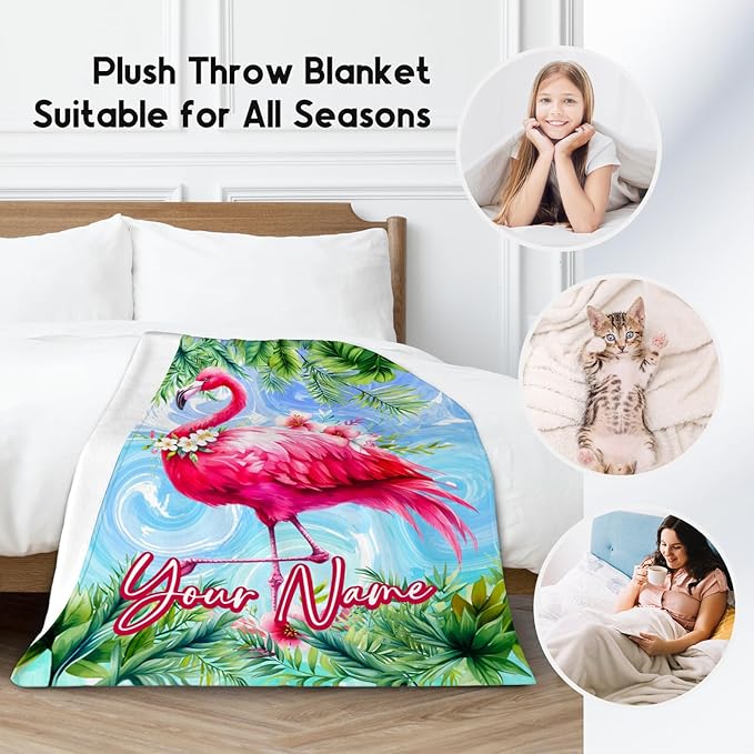 Girls Blanket Personalized Flamingo Blankets Gifts - Flannel Soft Throws for Room Decor/Couch/Sofa - 4 Sizes