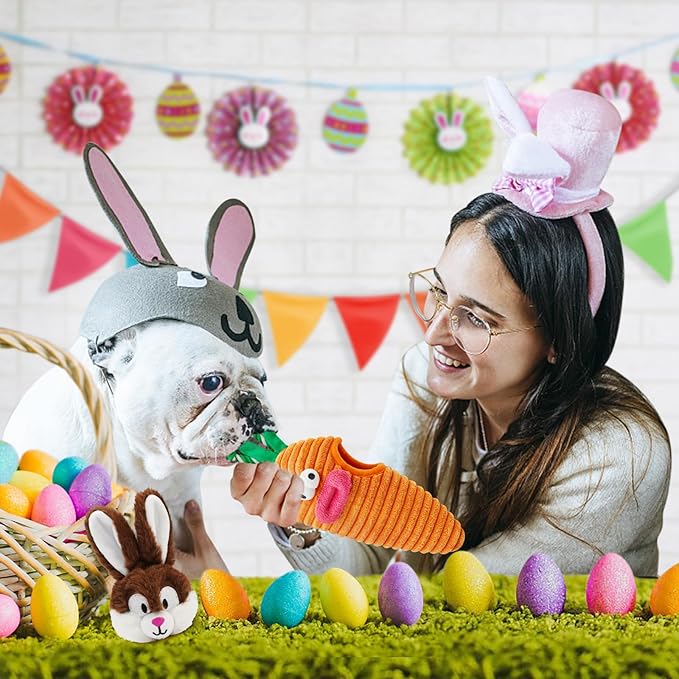 Easter Dog Toys, Hide and Seek Dog Toys, Squeaky Puzzle Dog Toy for Small and Medium Dogs, Interactive Cute Bunny and Carrot Easter Gift with Rope for Teething