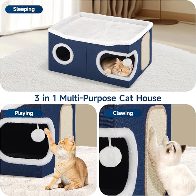 Shikha Cat Beds for Indoor Cats, Extra Wide Cat Cube House for Multi Cats, Foldable Cat Cave Hideaway with Arc-Edge Design & Oval Door, Reversible Cushion for All Seasons, 24"L x 17.7"D x 12.6"H, Blue