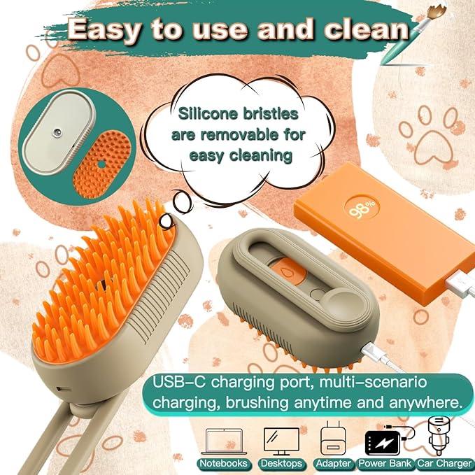 Steam Cat Cordless 3-in-1 Silicone Massaging Grooming Brush With Built-in Lithium Battery, Removes Static and Flying Pet Hair for Cats and Dogs (Beige)