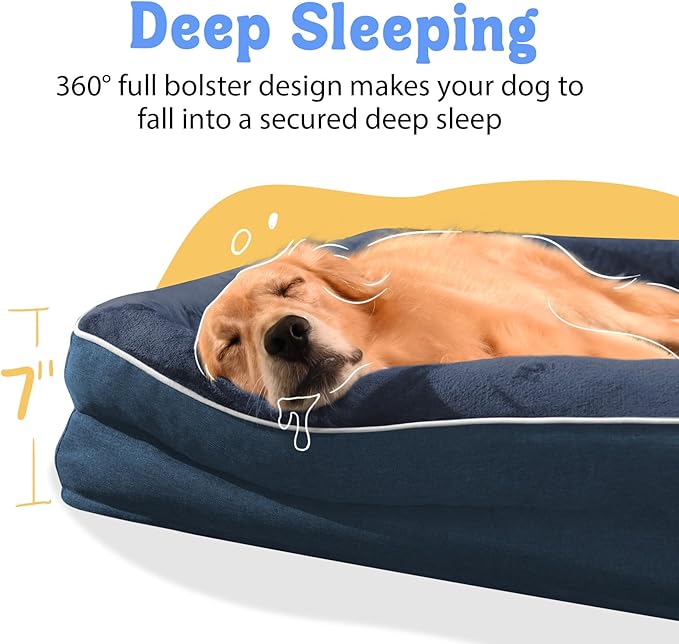 Orthopedic Washable Large Dog Bed - Egg Foam Dog Beds for Large and Medium Dogs Big Pet Beds with Removable Washable Cover and Bolster for Extra Large Dogs