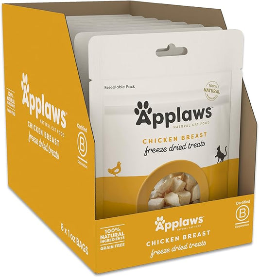Applaws Natural Freeze-Dried Cat Treats, Single-Ingredient, High Protein, Grain-Free, Healthy Snack for Cats, Natural Cat Food Topper, Chicken (8 x 1.0oz Bags)