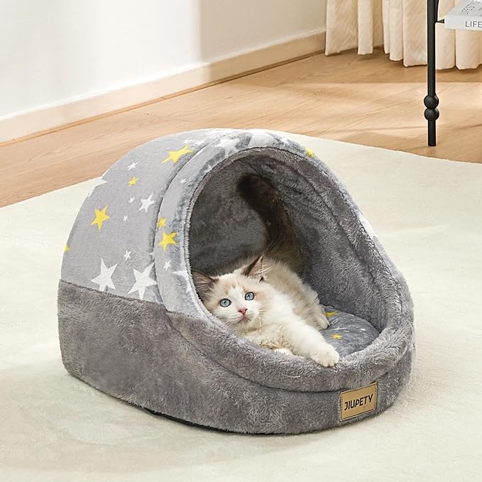 Jiupety Cute Cat Beds for Indoor Cats, Cat Cave Bed for Kittens, Large Cat Cave and Covered Cat Bed with Anti-Slip Bottom, Washable Removable Cushion, M(16"x16"x13"), Gray Star