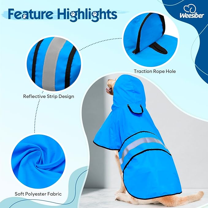 Weesiber Dog Raincoat, Adjustable Waterproof Dog Rain Jacket Poncho with Reflective Strip and Leash Hole, Lightweight Pet Rain Coat for Small to X-Large Doggos (XL, Blue)