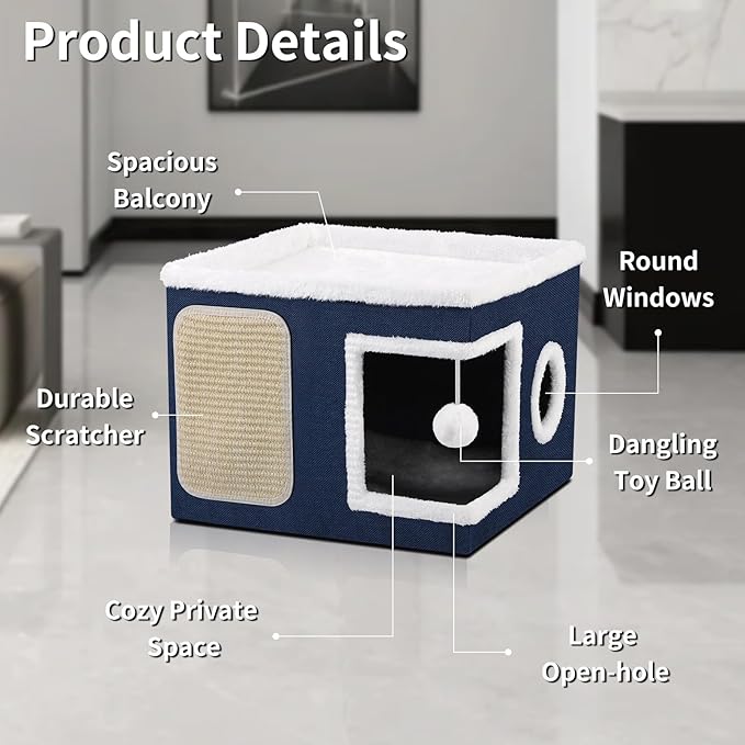Shikha Cat Beds for Indoor Cats, Large Cat Cave with Cozy Condo, Fluffy Ball, Round Window, Foldable Indoor Cat House Hold Up to 30LBS, Cat Hideaway with Reversible Soft Cushions for All Seasons, Blue