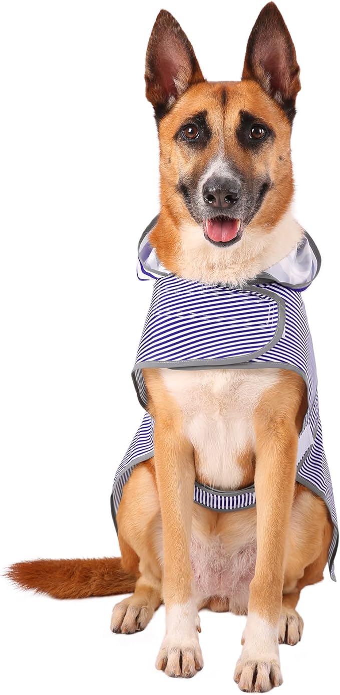 Dog Raincoat for Medium Dogs Puppies Waterproof Hooded Rain Jacket with Reflective Strips Leash Hole & Poncho Adjustable Fit (Bluestripe,L)