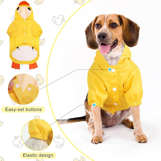 BEAUTYZOO Dog Raincoat Hooded Slicker Poncho, Waterproof Windproof Rain Jacket Hood with Harness Built in, Adjustable Reflective Duck Design Rain Coats for Small Medium Dogs Puppies, Yellow Size M