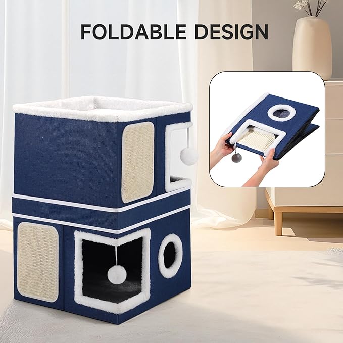 Shikha 2-Storey Cat Houses for Indoor Cats, Dual-Purpose Double Large Cat Beds Cave with Hideaway Condos, Scratch Pads, Fluffy Balls, Foldable Indoor Cat Cube House for Multi Small Pets Kitten, Blue