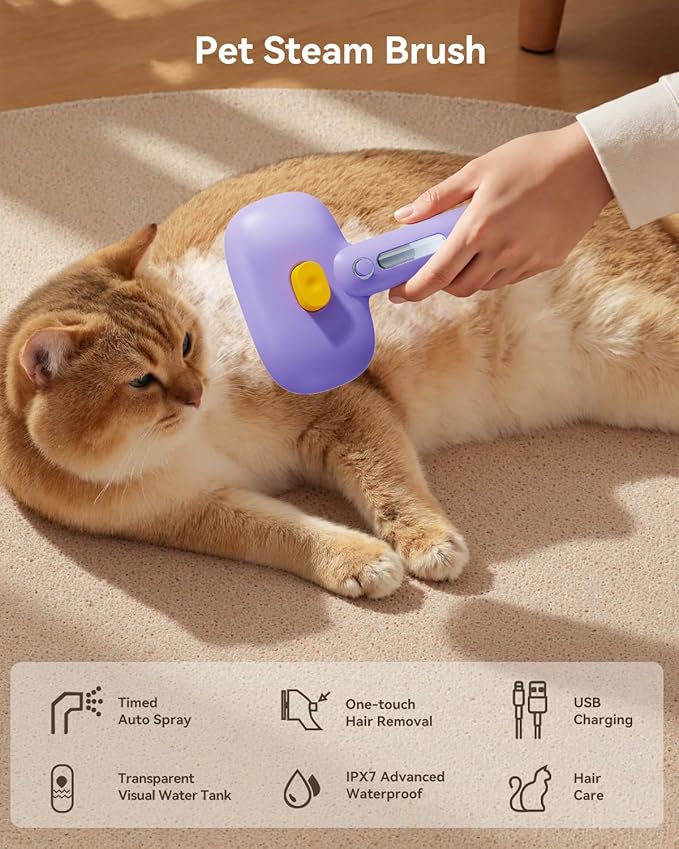 ROJECO 3-in-1 Pet Steam Brush for Cats&Dogs - Detangling Comb with Adjustable Mist, Handheld Deshedding Grooming Tool for Long/Short Hair, Massage Brush & Shedding Control Gift,Cordless,Purple