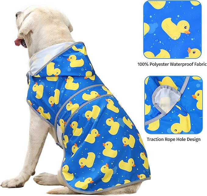 Dog Rain Coat for Large Dogs Waterproof Hooded Rain Jacket with Reflective Strips Leash Hole & Poncho Adjustable Fit (ShinyDuck,XXL)