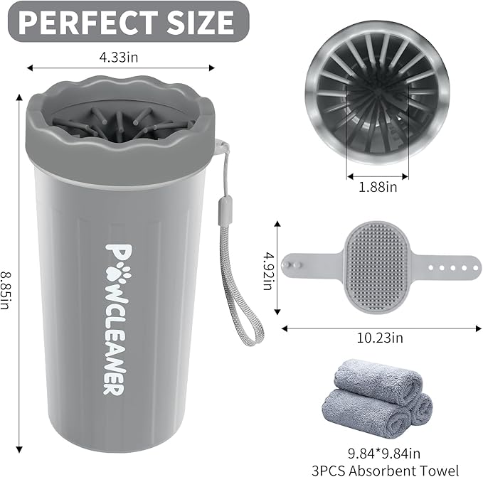 Comotech Dog Paw Washer with Bath Brush - Large, Grey (with 3 Absorbent Towels, Adjustable Handle for Long & Short Haired Dogs)