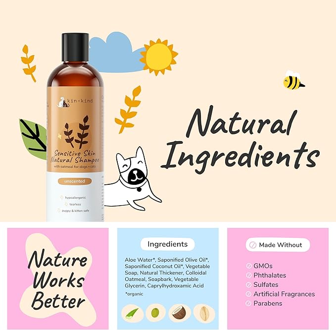 Oatmeal Shampoo for Dogs and Cats by kin+kind - Cat & Dog Shampoo for Sensitive Skin with Colloidal Oatmeal - Safe, Natural Formula with Olive Oil and Coconut Oil (12 fl oz) - Made in USA