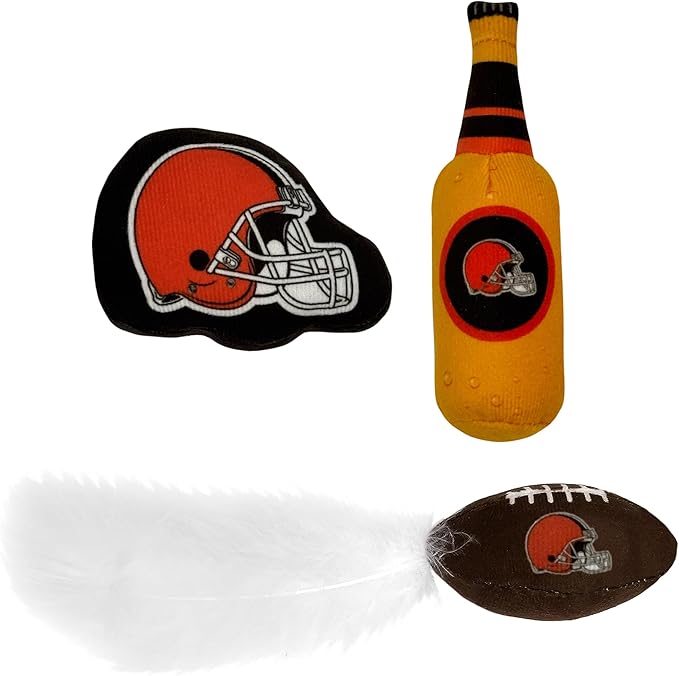 Pets First Best Plush CAT Toy - NFL Cleveland Browns Complete Set of 3 Piece Cat Toys Filled with Fresh Catnip. Includes: 1 Helmet Cat Toy, 1 Football Toy with Feathers & 1 Beer Bottle