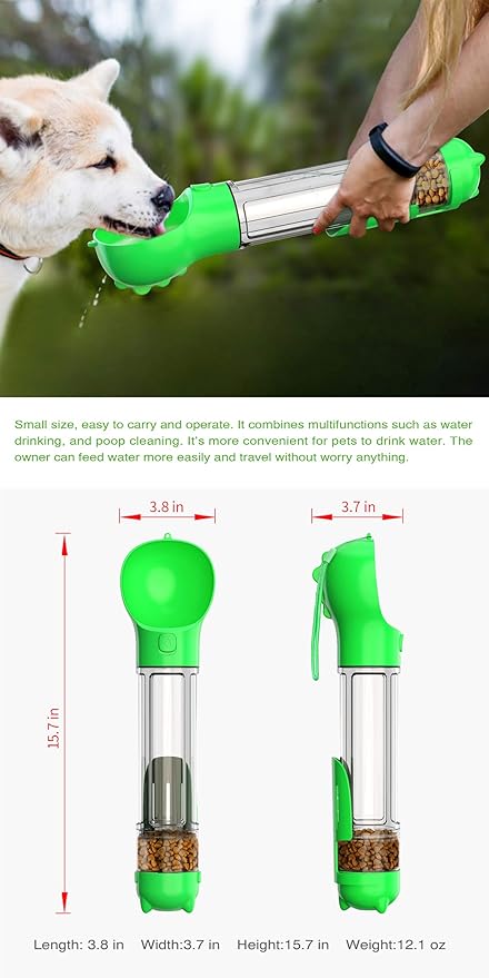 Portable Dog Bottle with Food Container,Leakproof,Poop Waste Bags Inside and Trash Shovel Design,Pet Travel Water Bowl,Essential Necessities for Dog Walking and Hiking Outdoor,Green(16.9OZ)