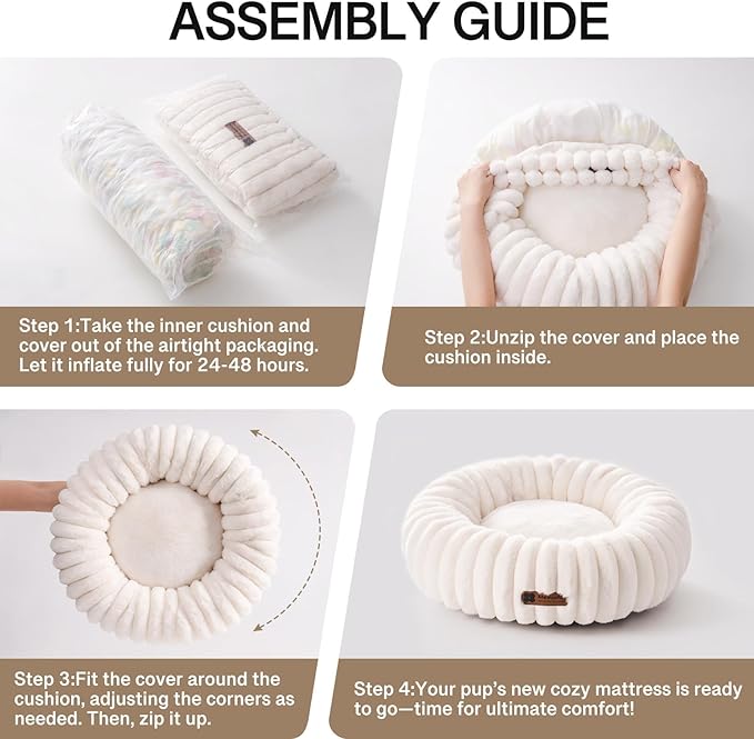 MEWOOFUN Cat Bed, Washable Beds for Indoor Cats, Cute Donut Bed Fluffy Pet Bed with Non-Slip Bottom, Calming Round Bed for Puppy and Kitten (Cream)