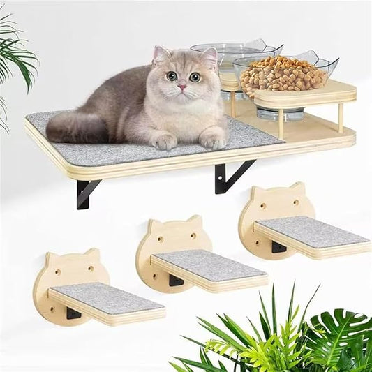 Y&ME YM Cat Wall Shelves and Perches - 3 Steps, Climbing Shelf, Scratch Post, 2 Food Shelves - Wall Mount Furniture