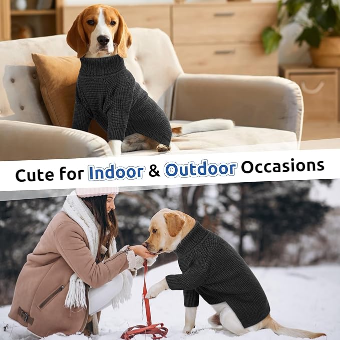 Queenmore Dog Turtleneck Long Sleeve Knitted Pet Sweater with Check Pattern - Fall Winter Warm Dog & Cat Sweater, Charcoal Gray XL