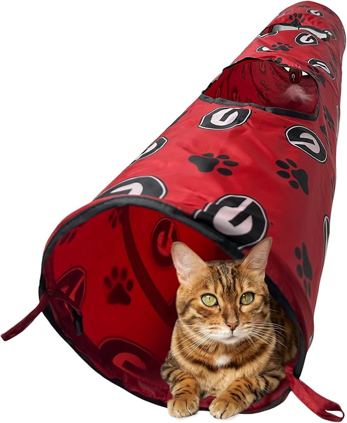 NCAA Georgia Bulldogs Cat Tunnel Tube Toy with Plush Football Catnip and Feathers