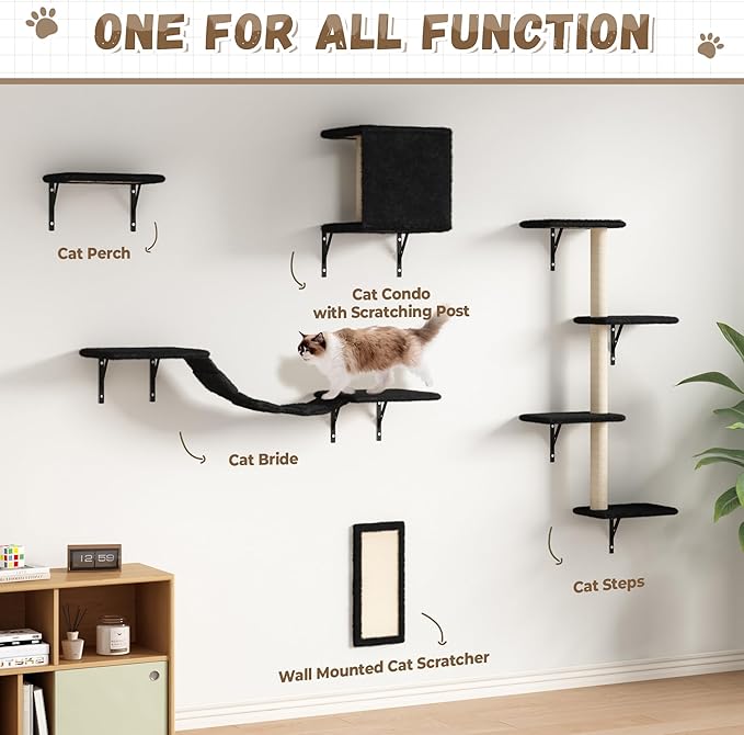 Cat Wall Shelves, Wall Mounted Cat Furniture, Cat Wall Cimber with Perches, Scratchers and Condo, Set of 5 (Black)