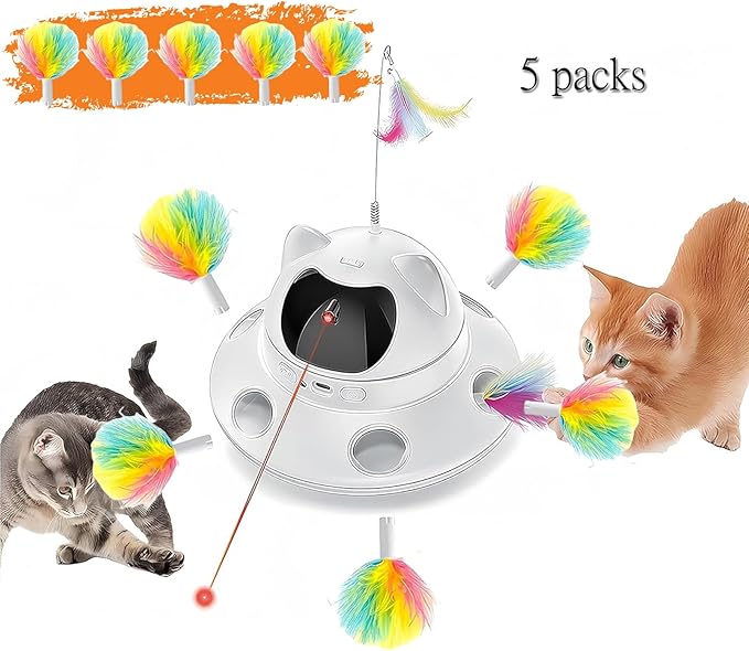 5-Piece Cat Toy Retractable Feather Accessories - Replaceable Interactive Teaser Accessories for Cats and Kittens - Durable Feathers for Hunting Games