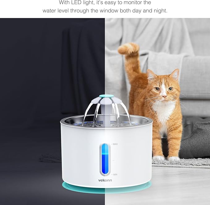Cat Water Fountain Stainless Steel Top with 4 Filters and 4 Sponges, Pet Water Fountain for Small Dog and Cat with LED Light and Water Level Window (Green)