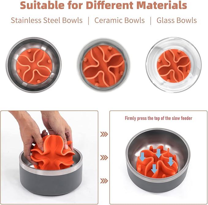Jaoul Slow Feeder Dog Bowls Insert, Puzzle Slow Feeder Insert with 30 Octopus Suction Cups for Small Medium Large Size Dog Food Bowl (4.72 inch, Orange)