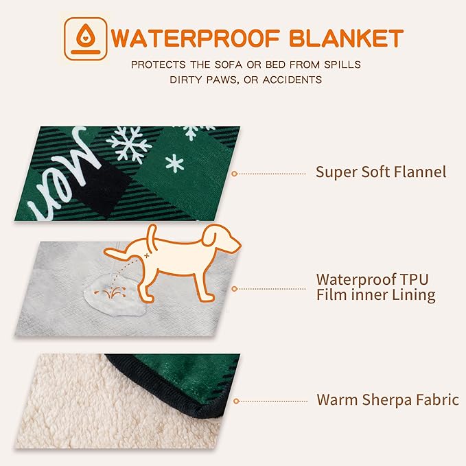 Waterproof Dog Blankets, 30"x40" Cat Blanket for Indoor Cats, Soft Fluffy Sofa Car Bed Protector, Reversible Sherpa Fleece Puppy Blanket for Small Medium Dogs Christmas Decor (Green)