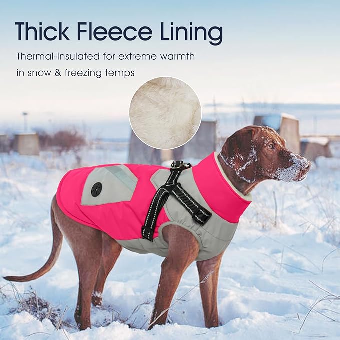 IECOii Dog Winter Coat Waterproof - Rosered, Medium - Dog Coat with Harness Built in for Medium Dogs,Thermal Warm Fleece Lined with Zip Up Cold Weather Jacket,Reflective Snowsuit for Outdoor Hiking