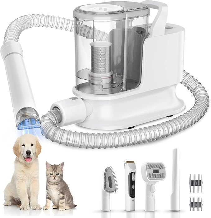 Dog Grooming Kit & Dog Grooming Vacuum, 12Kpa Suction Pet Vacuum Grooming Kit with Low Noise, 3 Suction Mode, 2L Capacity, 5 Pet Grooming Tools for Shedding Cat Hair, Home Cleaning