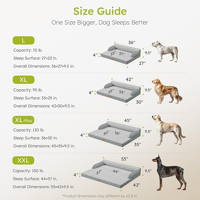 XXL Orthopedic Dog Bed, Big Dog Bed for Large Dogs, Dual-Sided Pet Cooling Beds with Memory Foam Washable Cover Nonslip Bottom, Waterproof Pet Couch with Bolsters, Light Grey