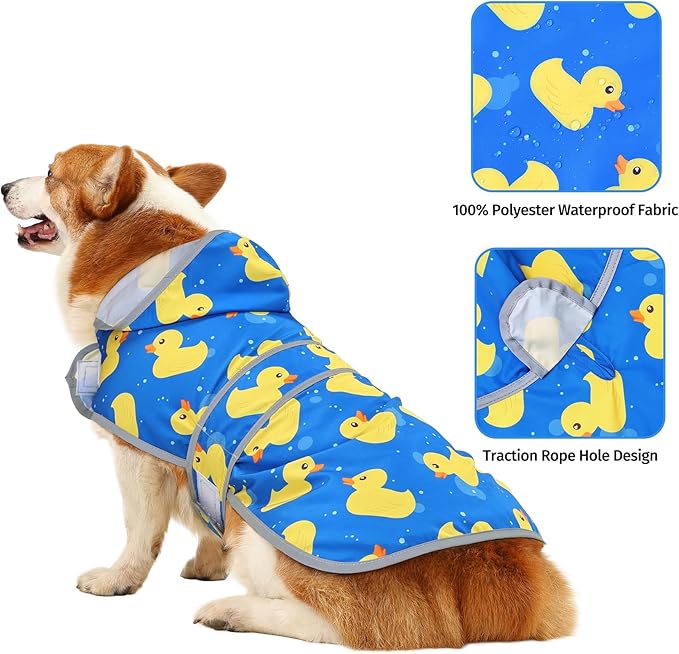 Dog Raincoat for Medium Dogs Waterproof Hooded Rain Jacket with Reflective Strips Leash Hole & Poncho Adjustable Fit (ShinyDuck,L)