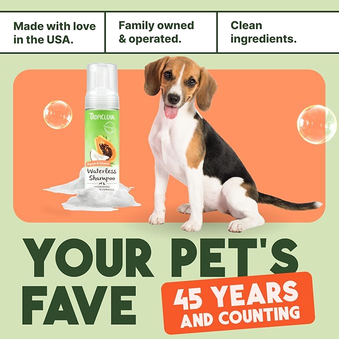 TropiClean No Rinse Waterless Dog Shampoo | Detangling & Deodorizing Dry Shampoo for Smelly Pets | Moisturizes Dry Skin | USA Made | Papaya Scent | 7.4oz