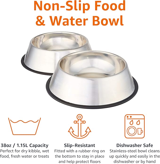 Amazon Basics Stainless Steel Non-Skid Pet Dog Water And Food Bowl, 2-Pack (10 x 2.8 Inches), Each Holds Up to 38oz