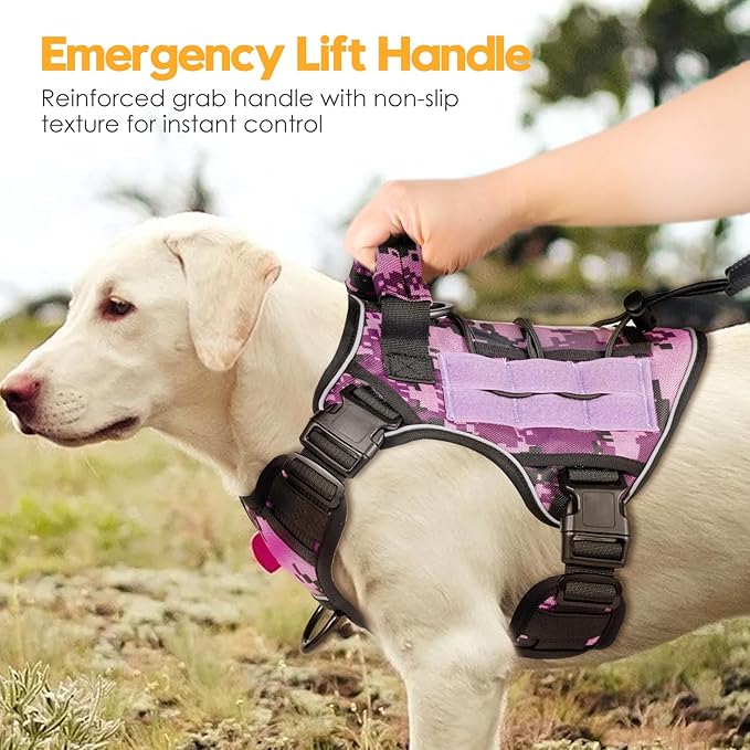 Heavy-Duty Tactical Dog Harness for Large Dogs, No Pull Adjustable Reflective Pet Vest with Molle System, K9 Military-Grade Control for Service Training, Outdoor & 10+ Breeds, Purple Camo, Medium