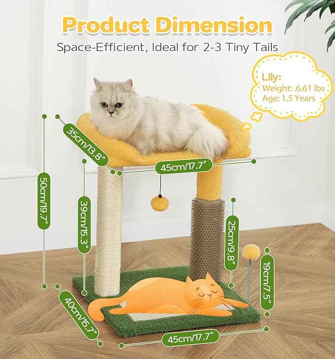 Made4Pets Small Cat Tree Tower, Cat Scratching Post 4-in-1 with Cat Self Groomer Brush, 20" Tall Natural Sisal Cat Scratcher, Soft Plush Cat Perch Bed with Dangling Ball for Indoor Kittens, Green