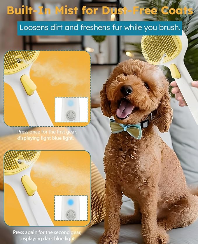 FURGO 3-in-1 Pet Steam Brush for Dogs & Cats – Reduces Static, Replaceable Heads, One-Touch Hair Ejection, Dog Spray Brush for Shedding Control(Long&Short)