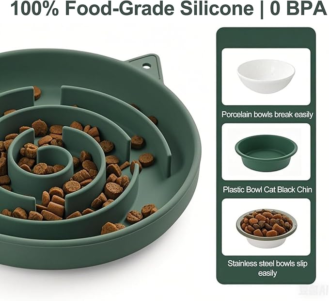 Slow Feeder Cat Bowl, Durable Anti-Gulping Cat Food Bowl for Healthy Digestion, Maze Design Easy to Clean for Wet/Dry Food(Green)