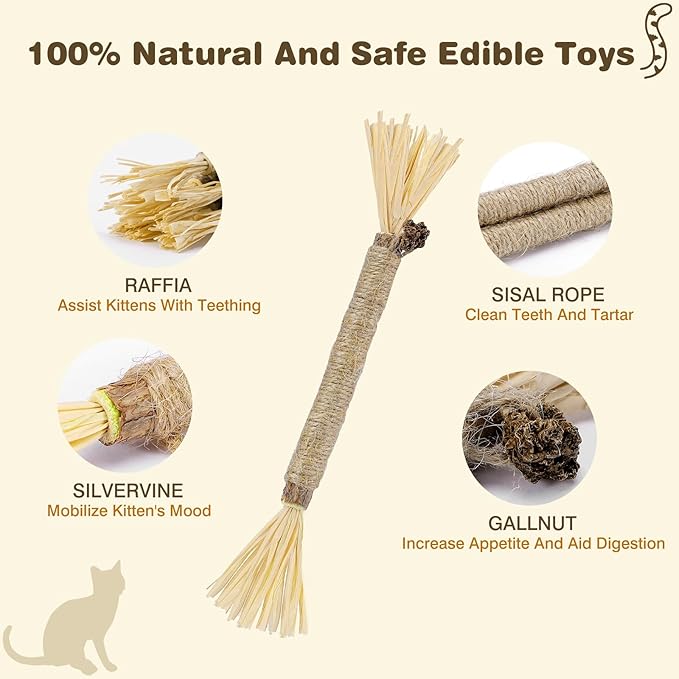 2 Pack Silvervine Sticks for Cats - Cat Chew Toy for Teeth Cleaning, Edible Matatabi Kitty Chew Sticks, Catnip Cat Toys for Indoor Cats (2 Sticks)