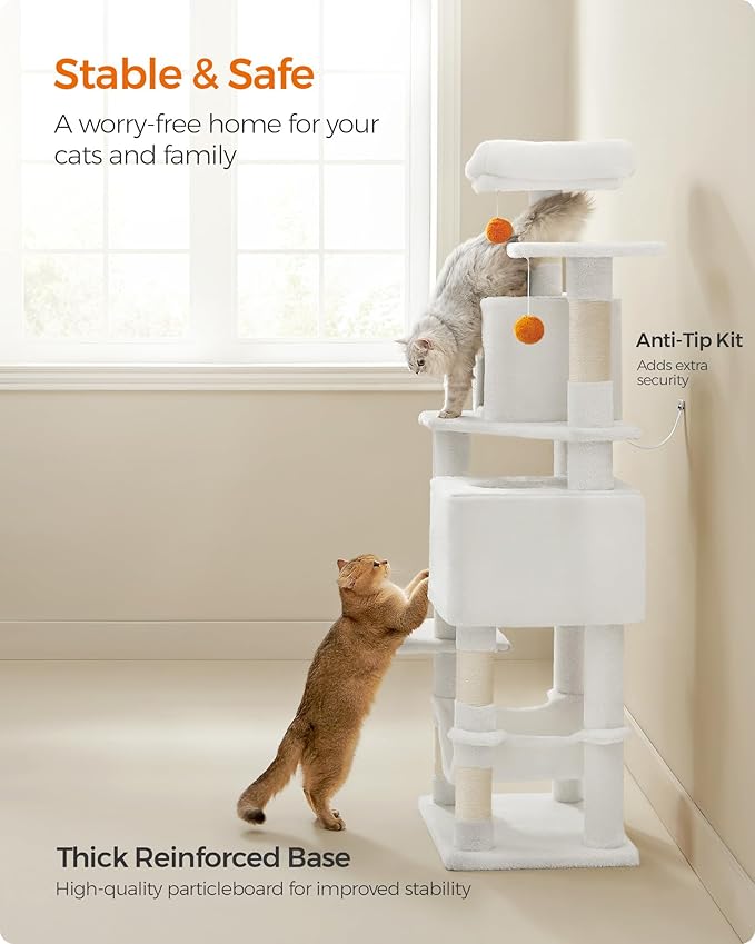 Feandrea Cat Tree, 61-Inch Cat Tower for Indoor Cats, Plush Multi-Level Cat Condo with 5 Scratching Posts, 2 Perches, 2 Caves, Hammock, 2 Pompoms, Cream White UPCT192T01